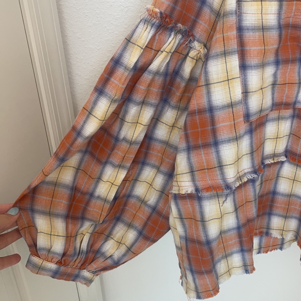 TALULAH Orange Blue Cream Plaid Button-Down Shirt - Picture 3 of 6